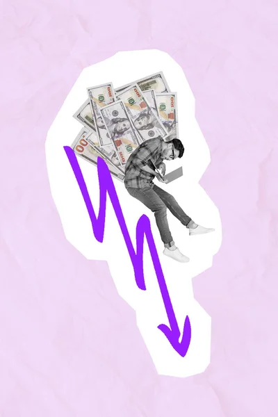 コラージュ3D画像のピンナップポップレトロスケッチの男稼ぐお金アップルサムスン現代ガジェット隔離された絵画背景 — ストック写真