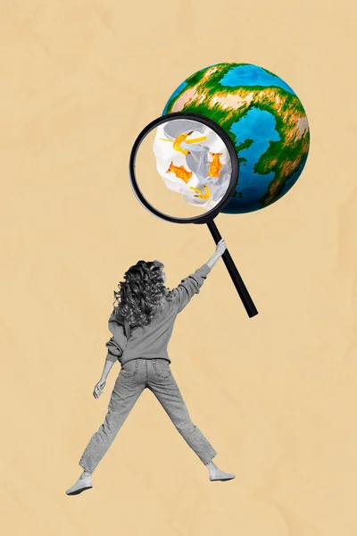 黑白花女孩手持放大镜扩音器的垂直拼贴图片缩放污染地球的地球上孤立的图画背景 — 图库照片