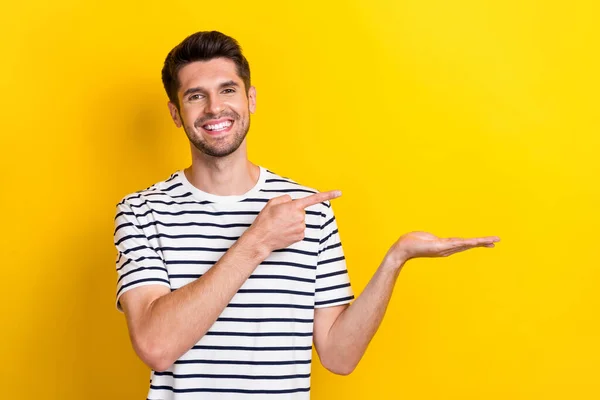 Photo Glad Positive Smile Business Man Wear Striped Shirt Hold — Zdjęcie stockowe