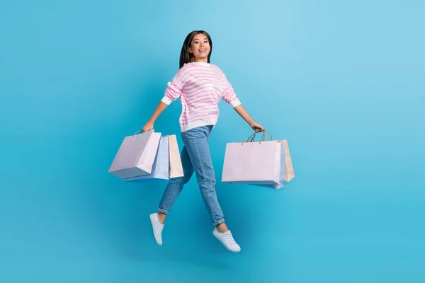 Full Length Photo Pretty Dreamy Girl Dressed Pink Pullover Jumping — Stock Photo, Image