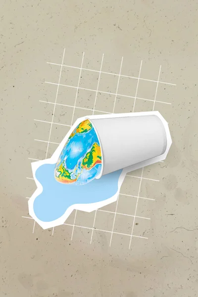 Коллаж Фото Плакат Бумажной Пластиковой Чашки Жидкостью Пролить Воды Заканчивается — стоковое фото