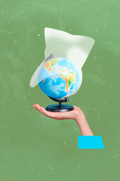 Vertical Collage Image Human Arm Hold Mini Planet Earth Globe — Stock Photo, Image