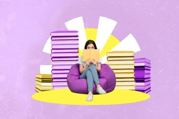複合コラージュイメージの女の子座っているビーンズバッグ読み取り本カバー顔孤立した創造的な塗装背景 — ストック写真