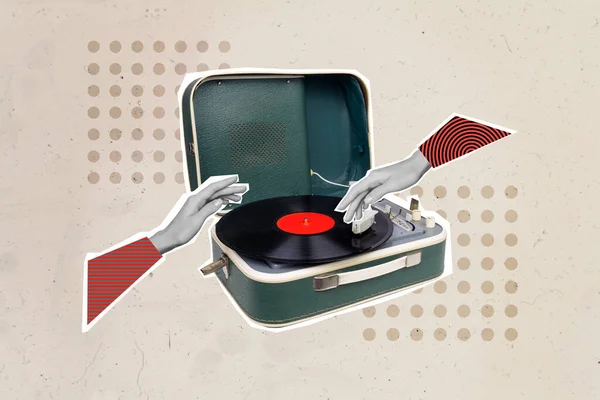 Collage Foto Van Oude Vintage Grammofoon Muziekspeler Recorder Vinyl Schijf — Stockfoto