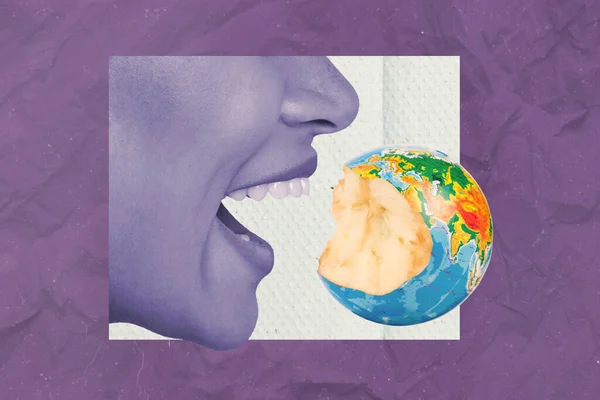 Collage Photo Human Mouth Open Want Eat Apple Planet Earth — Stock Photo, Image
