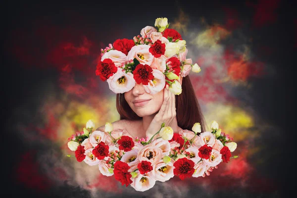 Poster Kreative Fantasie Collage Der Dame Haben Blumen Berühren Zarte — Stockfoto