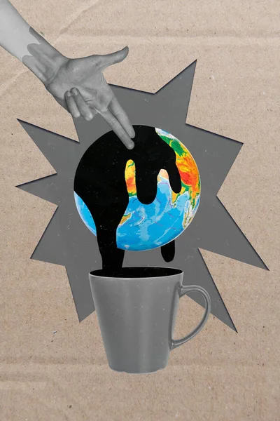 Collage photo ecological catastrophe problems environment dying pistol gun symbol fingers oil liquid drops inside cup earth isolated on beige background.