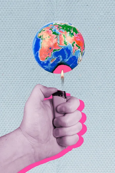 Collage Photo Hand Hold Lighter Blaming Sphere Planet Earth Killing — Stock Photo, Image