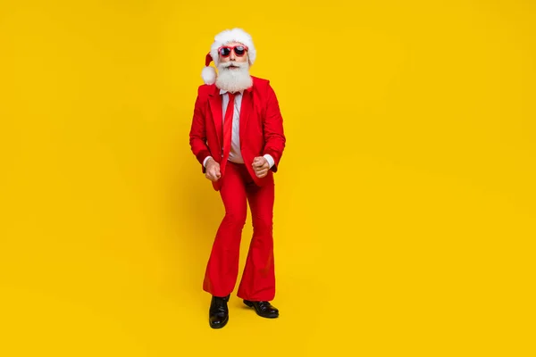 Full Length Photo Handsome Excited Claus Wear Red Tux Costume — Stock Photo, Image