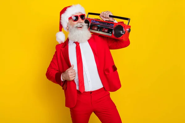 Portrait Positive Overjoyed Aged Person Carry Boombox Enjoy Newyear Occasion — Stock Photo, Image