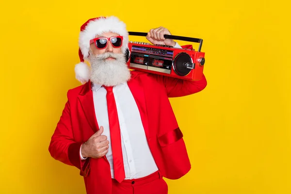 Portrait Confident Successful Man Carry Boombox Wear Newyear Outfit Isolated — Stock Photo, Image
