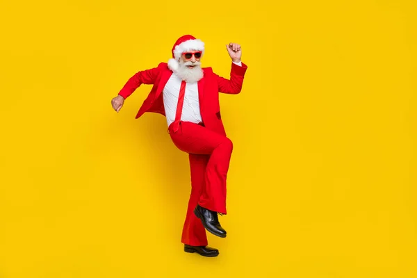 Full Length Photo Positive Lucky Man Pensioner Dressed Red Suit — Stock Photo, Image