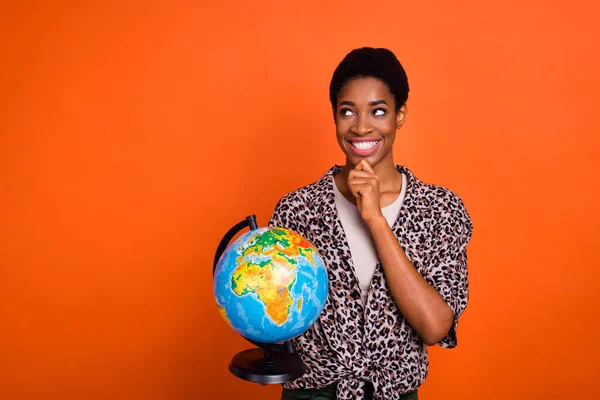 Portrait Attractive Cheerful Trendy Minded Girl Holding Globe Deciding Isolated — Stock Photo, Image