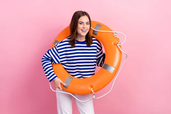 Portrait Pretty Satisfied Girl Wear Inflatable Safety Circle Toothy Smile — Stock Photo, Image