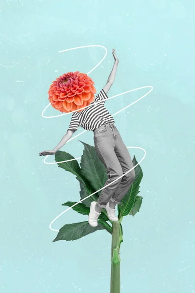 创意图片3D拼贴画海报图片怪异的人掉落绿色的大植物孤立在绘画的背景 — 图库照片