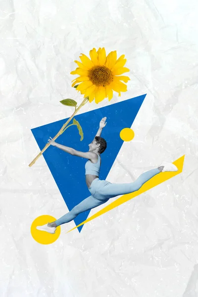 3d retro abstract creative collage artwork template of lady jumping blue yellow colors ukrainian flag support ukraine isolated painting background.