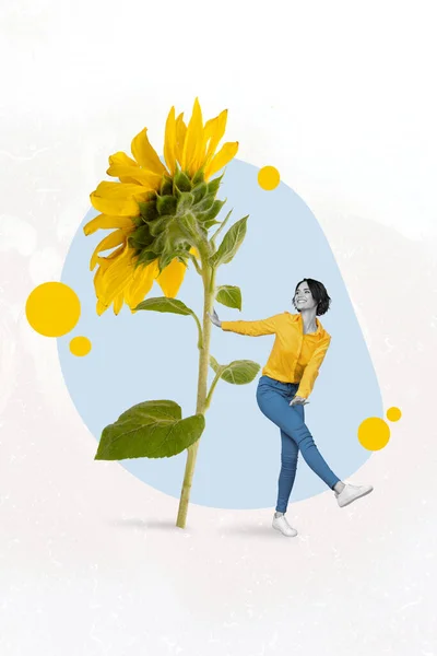Creative photo 3d collage poster postcard picture of young beautiful lady stands near big sun flower isolated on painting background.