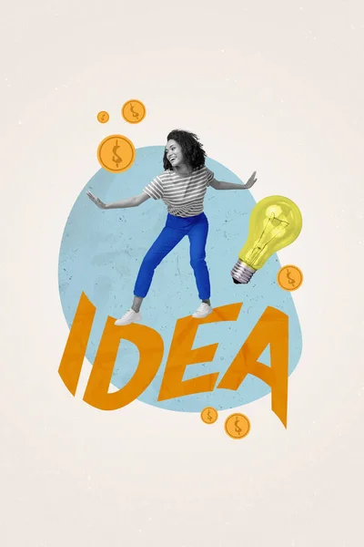 縦コラージュ写真のミニ黒白の女の子スタンドBifアイデア言葉電球お金金貨孤立した創造的な背景 — ストック写真