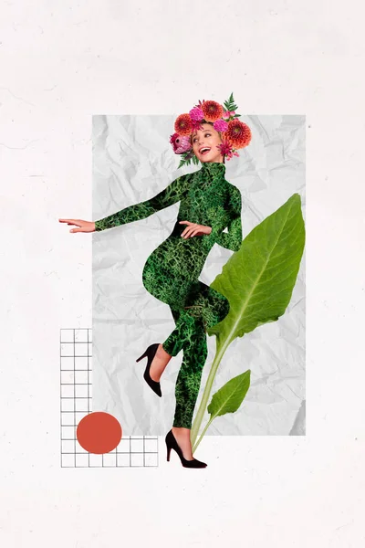 Yaratıcı Fotoğraf Kolaj Posteri Posteri Resmi Garip Yeşil Kostümlü Güzel — Stok fotoğraf