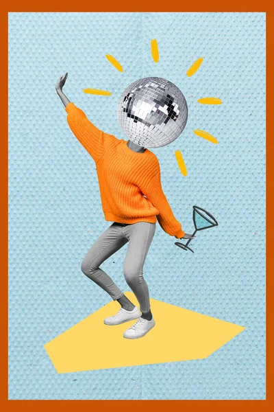 Vertical Collage Illustration Excited Person Disco Ball Instead Head Drawing — Stock Photo, Image