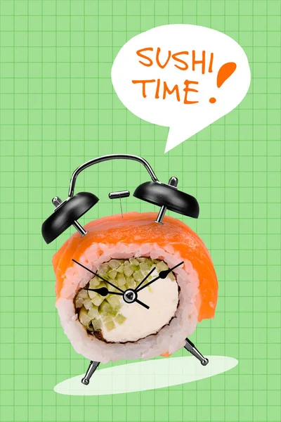Artwork magazine collage picture of ringing roll clock telling sushi time isolated drawing background.
