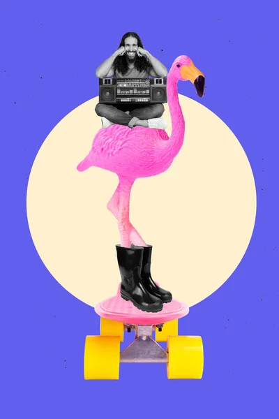 Творческое Фото Коллаж Художественный Постер Хиппи Человек Сидеть Большой Фламинго — стоковое фото