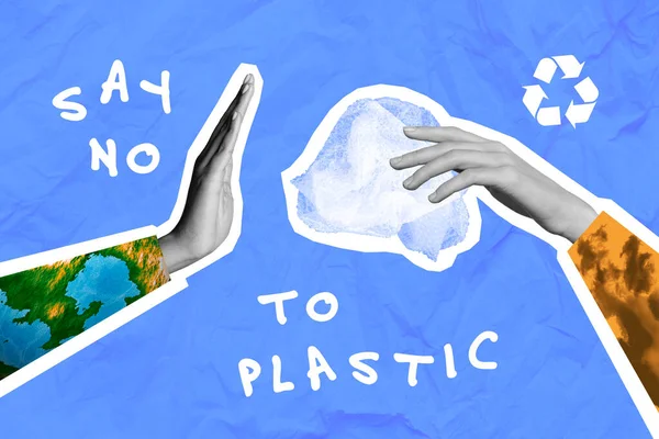 コラージュ3D画像のピンナップポップレトロなスケッチの手を求めていないプラスチックバッグ孤立した絵画の背景に言う — ストック写真