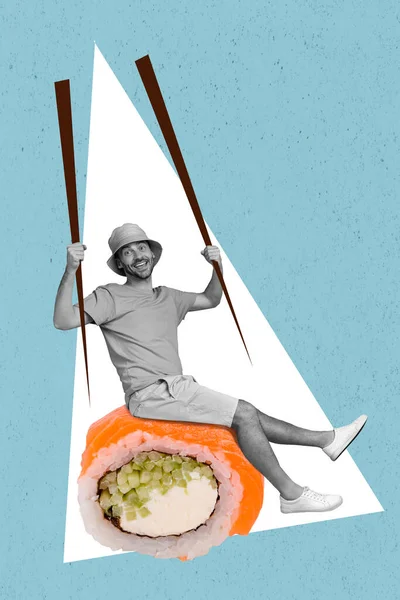 クリエイティブ写真3Dコラージュアートワークポスターの幸せな男の大きなロールは 絵画の背景に孤立おいしい健康的な食事を食べる準備座って — ストック写真