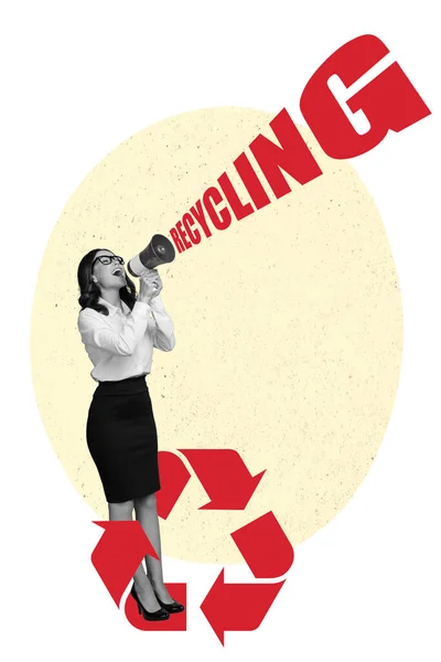 女性活動家叫びの創造的なレトロな3D雑誌のコラージュイメージToaリサイクル提案孤立した絵画の背景 — ストック写真