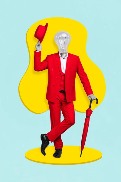 Vertikální Koláž Obrázek Dandy Muž Nosit Červený Oblek Ruční Držet — Stock fotografie