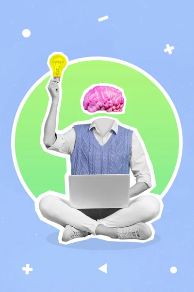黑白色伽马射线女孩的垂直拼贴图像用网簿脑代替头臂将灯泡隔离在漆成的背景下 — 图库照片