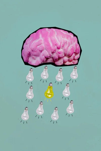 Imagen Collage Vertical Mini Bombillas Cerebrales Lluvia Brillante Idea Creativa —  Fotos de Stock