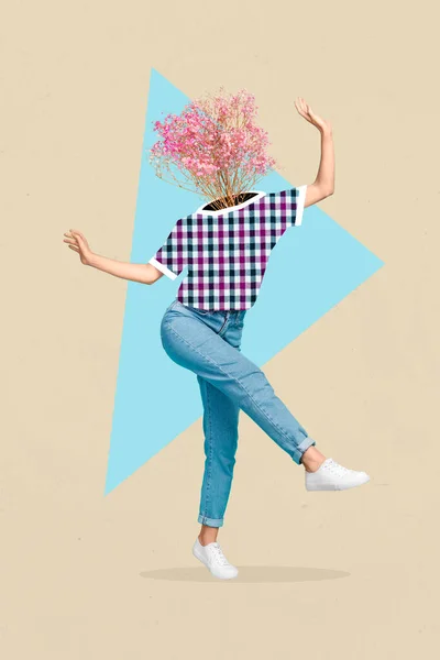 Vertical Collage Image Excited Girl Bush Flowers Instead Head Dancing — Stock Photo, Image