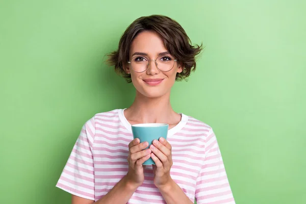 Closeup Photo Young Adorable Attractive Cute Girl Hold Cup Coffee — Stock Photo, Image