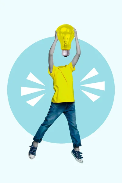 Colagem Foto Jovens Saltando Trampolim Estudante Segurar Cabeça Lâmpada Gênio — Fotografia de Stock
