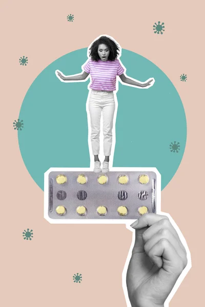 有创意的照片3D拼贴明信片海报 海报上写的是忧心忡忡的神经质姑娘 她害怕在绘画的背景下被细菌缠住 — 图库照片