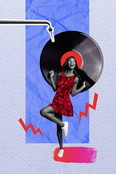 Vertikální Koláž Obrázek Veselý Černošky Bílá Gama Dívka Těšit Tanec — Stock fotografie