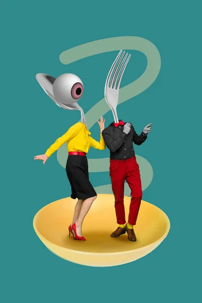 Collage photo poster of two young people dancing together wear classy formal outfits headless utensils vision eye isolated on blue background.
