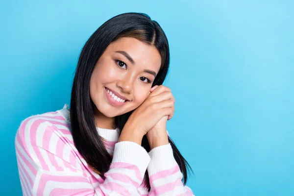 Closeup Portrait Lovely Cheerful Smile Japanese Lady Wear Striped Jumper — Stock Photo, Image