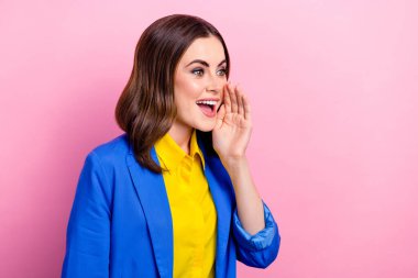 Photo of young attractive business lady talk secret information empty space about war ukraine end next week isolated on pink color background. clipart