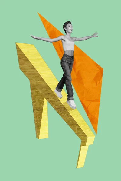 Colagem Imagem Pinup Pop Retro Esboço Senhora Desportiva Andando Equilíbrio — Fotografia de Stock