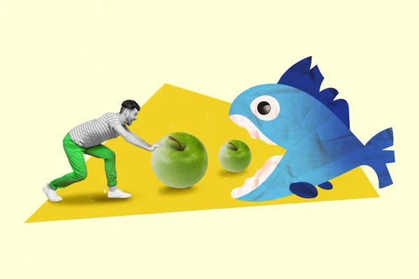 Kolaj Kolajı Karikatür Karikatürü Adamın Elma Yedirdiği Resim Büyük Mavi — Stok fotoğraf