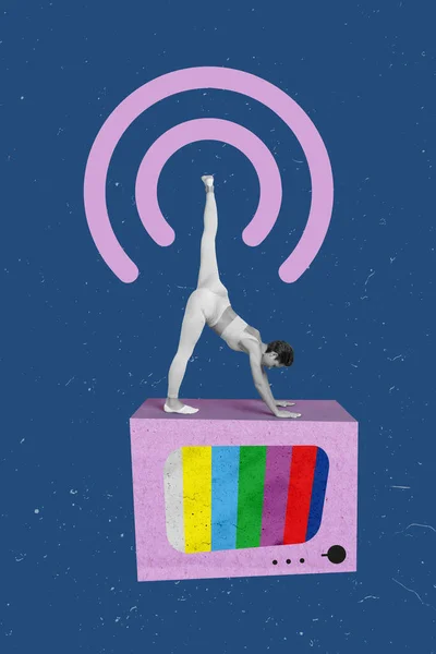Vertical collage image of mini black white colors flexible girl stretching leg instead antenna receive tv signal isolate don creative background.