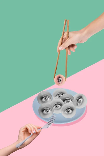 Vertikal Collage Illustration Två Armar Hålla Gaffel Ätande Mänsklig Ögonplatta — Stockfoto