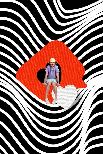 Vertical collage illustration of guy sit like notification instagram facebook telegram isolated on creative zebra striped background.