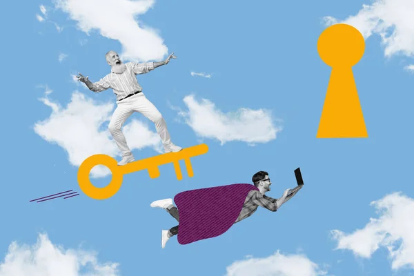写真コラージュ漫画スケッチ写真のファンキーな興奮男飛行キーホール孤立した図面の背景にキー — ストック写真
