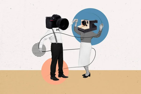 Photo artwork minimal collage picture of funny couple date vintage cameras instead of heads isolated drawing background.