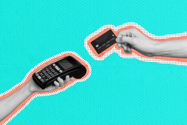 Collage 3d image of pinup pop retro sketch of hands holding credit card paying terminal black friday cashless sales discount pop sketch.