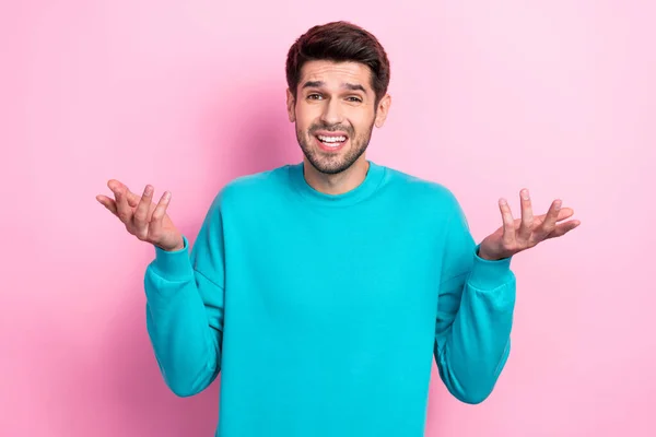 Photo Portrait Nice Young Guy Shrug Shoulders Confused Shocked Wear — Stock Photo, Image