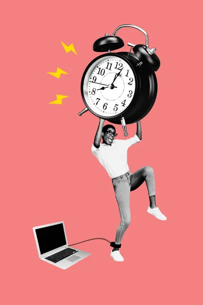Creative photo 3d collage artwork poster of young person worker wake up start work raise big huge clock isolated on painting background.